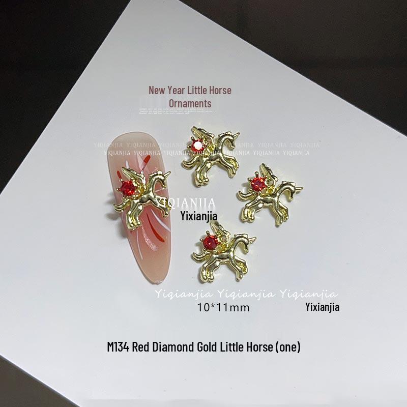New Year Red Rhinestone Horse Nail Art Gold/Silver Zodiac Ornament