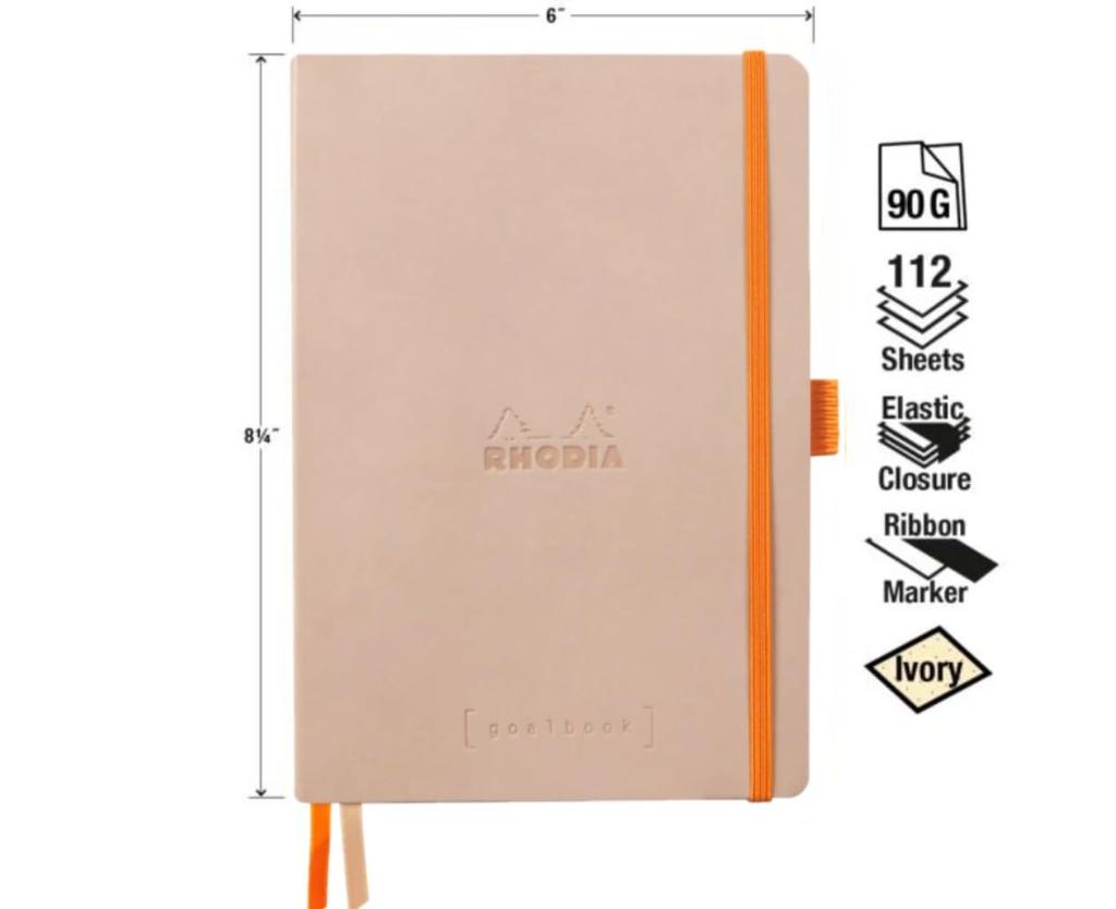 Rhodia Rhodiarama Goal Book Notebook, A5, Dotted Grid, 240 Pages, Italian Leather Cover, Rose Smoke, CF117803