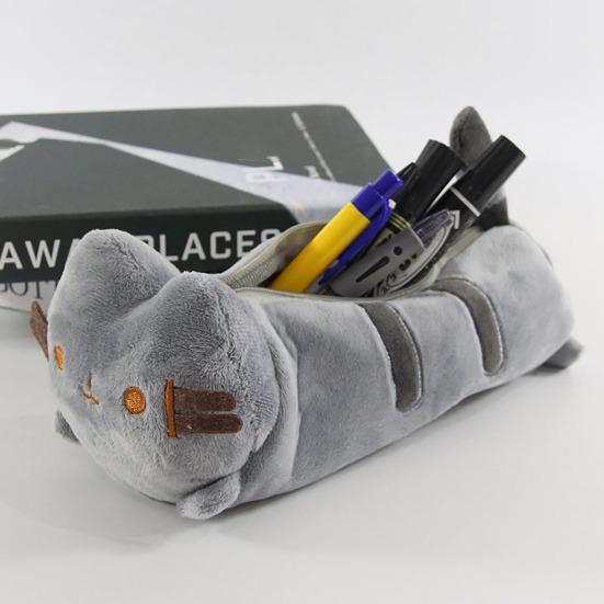 3D Plush Cat Pencil Case Zipper Closure Soft Stuffed Animal Stationery Cartoon Storage Pen Bag Student School Supplies