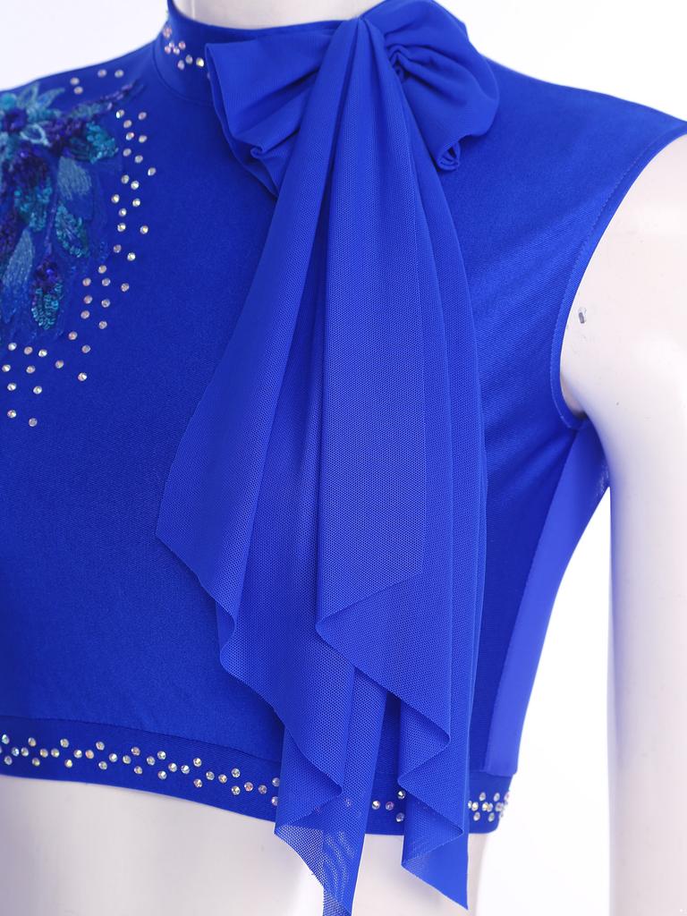 Womens Modern Dance Crop Top Sequin Embroidery Bow Decor Sleeveless Back Hollow Out Dancewear