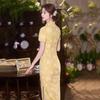 Yellow Vintage Chinese-Inspired Long Cheongsam Dress Women Short Sleeve Retro Daily Wear Bamboo Linen Blend