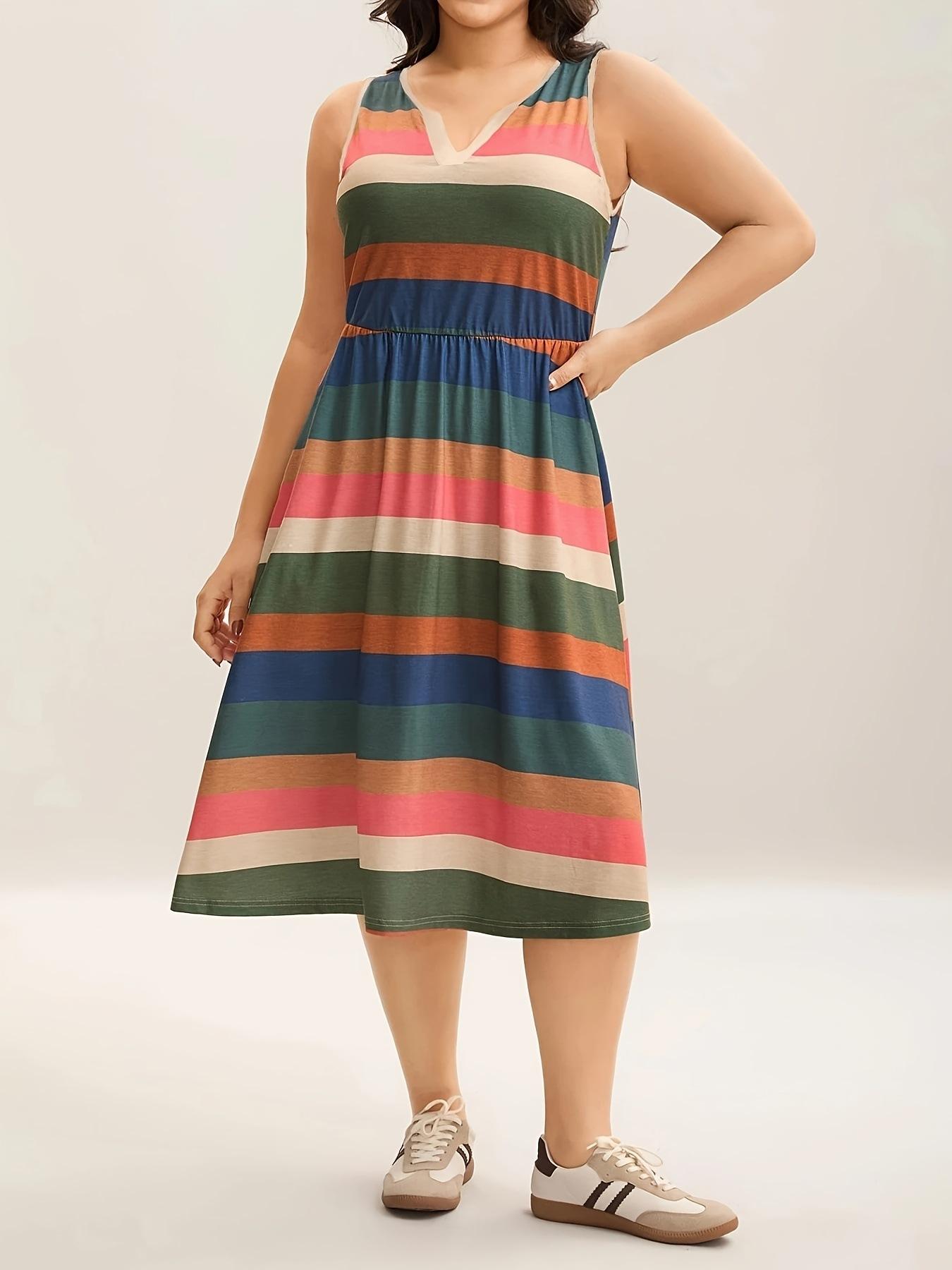 Cross-border Europe and America 2026 Women s Rainbow Stripe Sleeveless Deep V-Neck Casual Dress 1XL