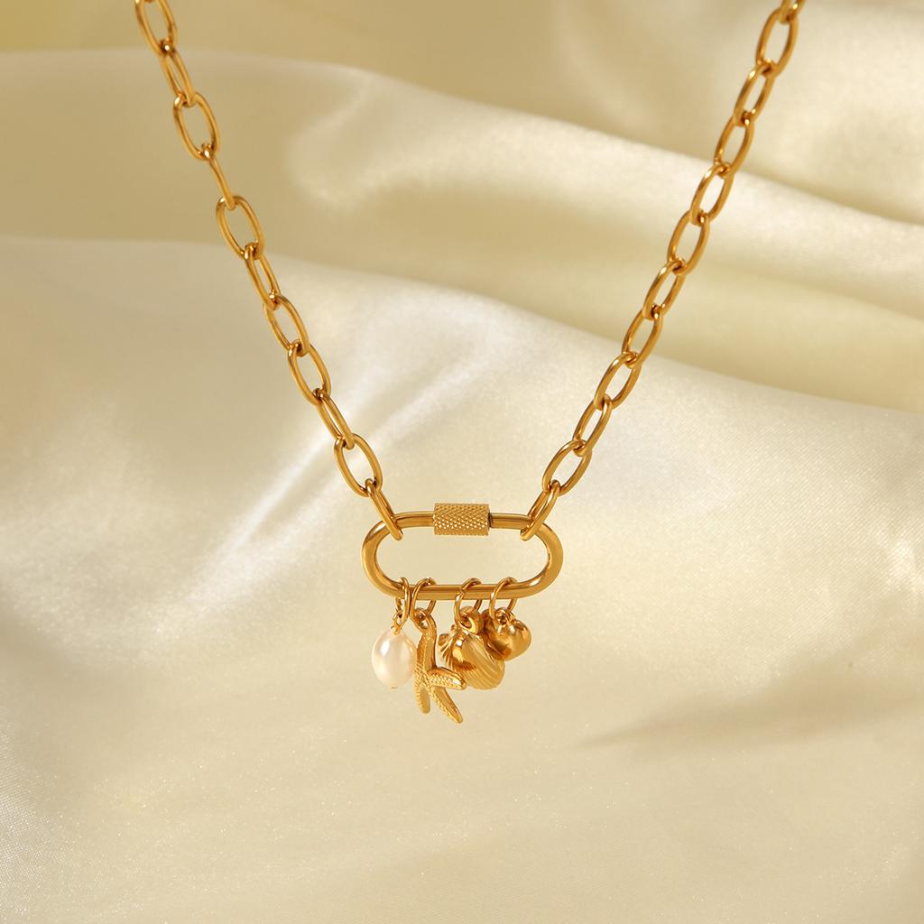 Stainless Steel Cross Chain Starfish Shell Heart Pearl Pendant Necklace Unique Creative DIY Jewelry