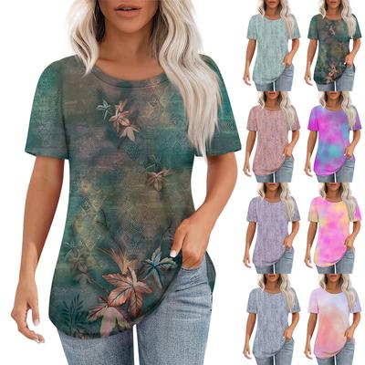 T Shirts For Women Pleated Round Neck Dressy Casual Blouses Printing Short Sleeve Summer Tops Loose Fit