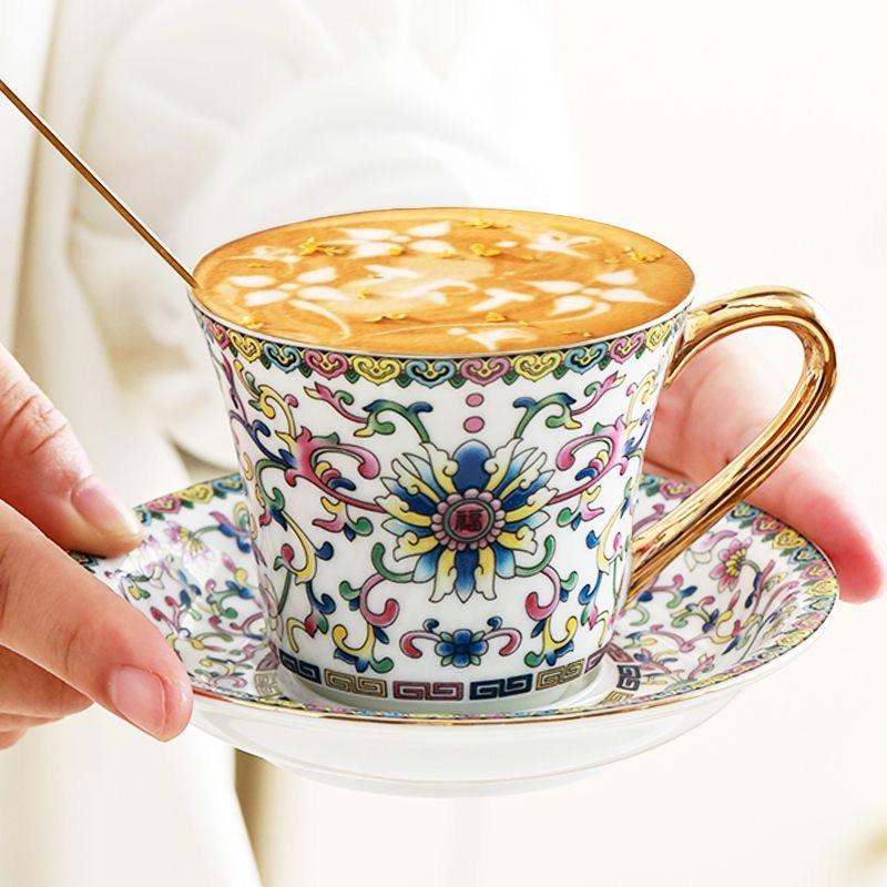 European Enamel Ceramic Coffee Cup & Saucer Set, Elegant Afternoon Tea Cup Set