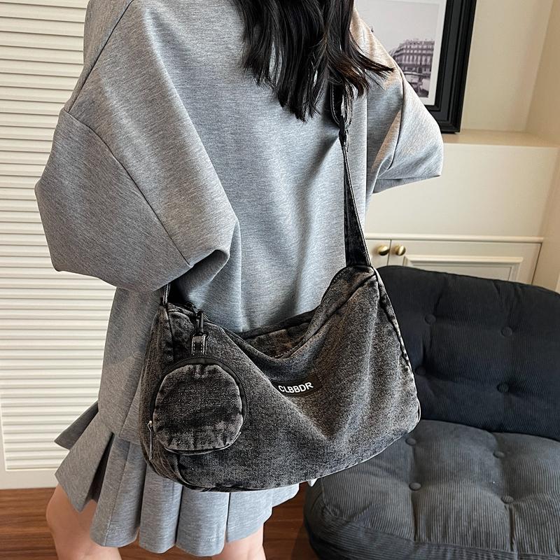Solid Color Crossbody Bag Underarm Bag Women Denim Bag Commuter Shoulder Bag