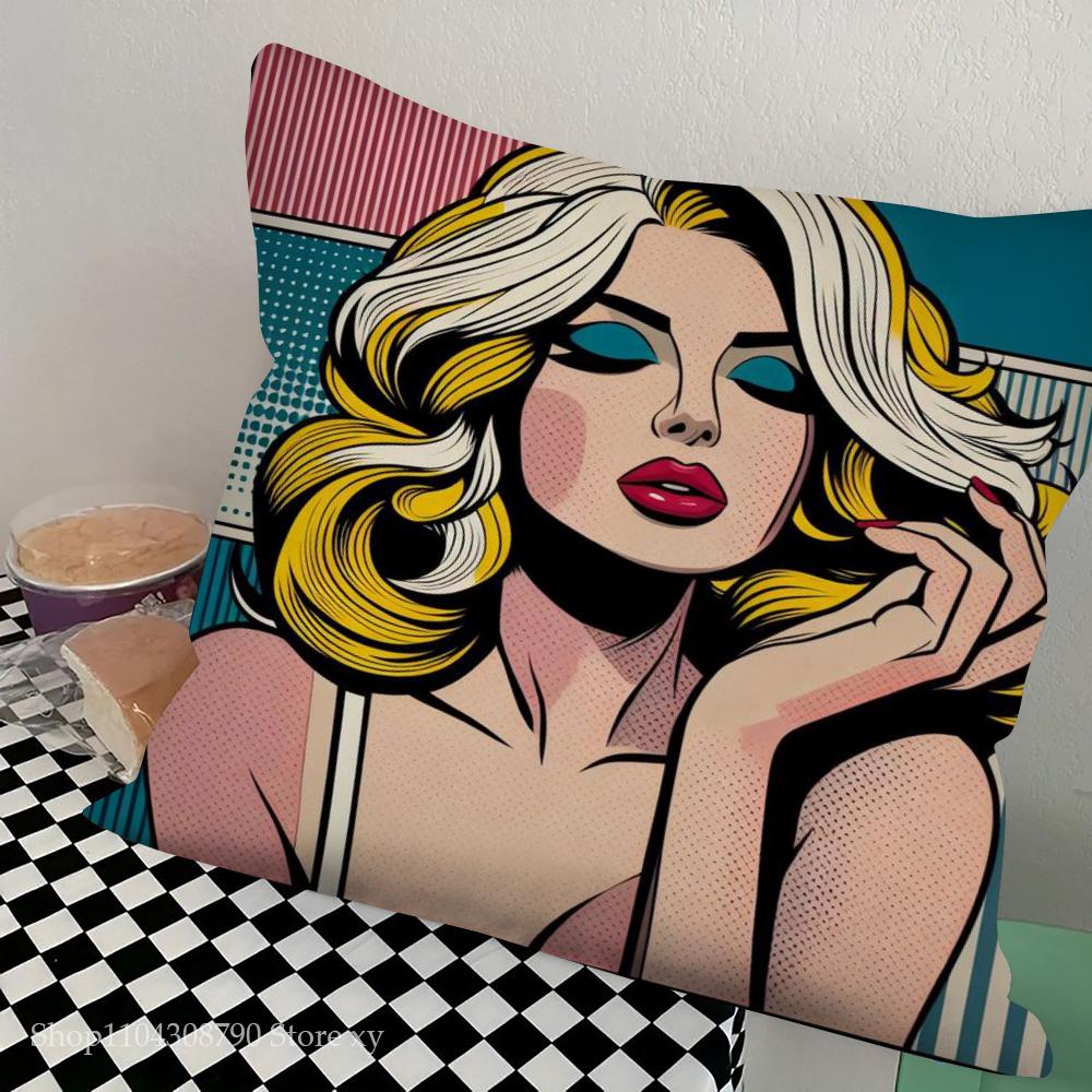 

1pc Colorful Pop Art Canvas Comic Woman Pillow Case Square Bedroom Sofa Leisure Comfort Cushion Car Living Room Home Decoration 18x18Inch