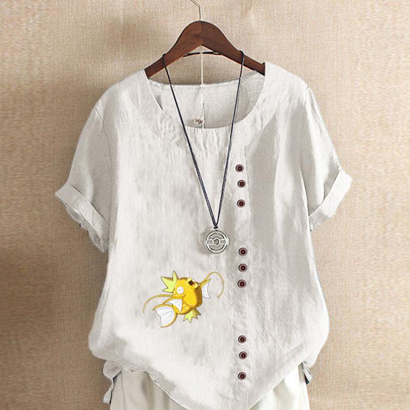 Women's Fashion Goldfish Prined Round Neck Short Sleeve T-shirt Casual Cotton Linen Graphic Shirt Leisure Loose Summer Blouse Tops