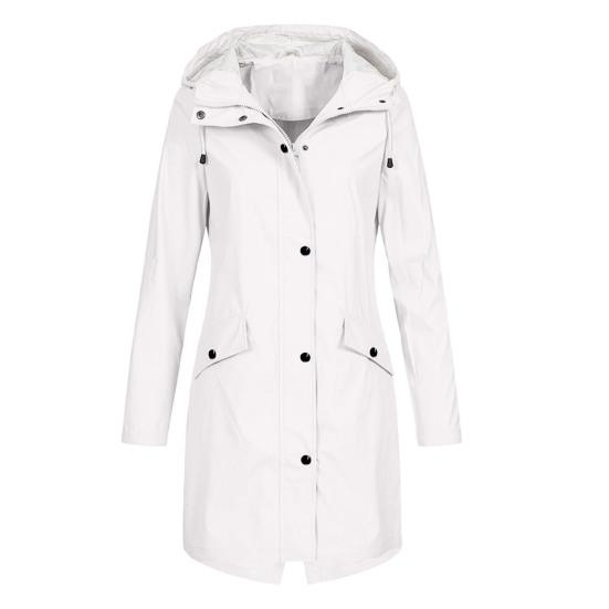 Women Autumn Winter Solid Color Rain Jacket Hooded Long Sleeve Buttons Zipper Placket Pockets Design Windproof Long Coat