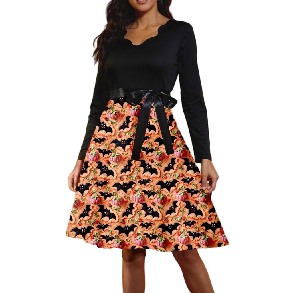Women's Casual Fashion Long Sleeve  Halloween Graphic Printed Vintage Long Dresses