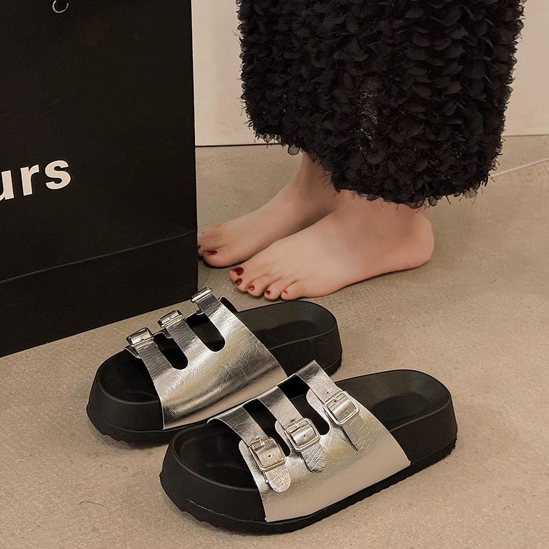 JMXD-thick-bottomed Muffin Slippers Women s Outer Wear Summer Fashion Versatile Internet Celebrity Height Increase Silver Cool Slippers 35 серебряный 3149₽