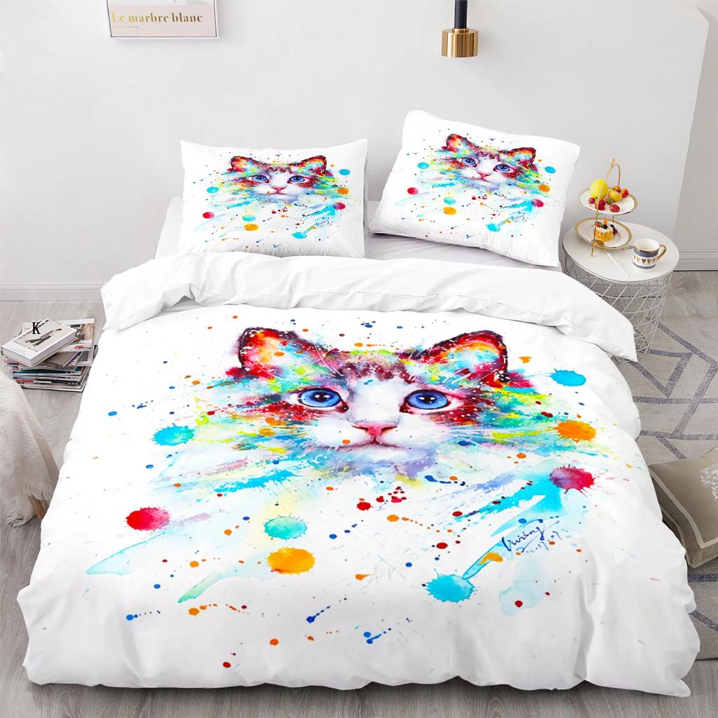 Colorful Cat Duvet Cover Cute Cats Pattern Creative Color Design For Children Boys Girls Bedroom Decorative Animals Queen King