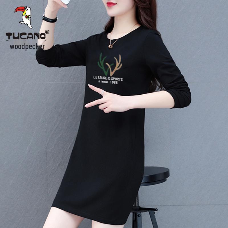 Women's Long-Sleeve Cotton Mid-Length T-Shirt Dress - 2025 Spring/Autumn Casual Versatile Style