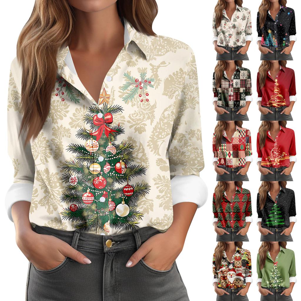 Skjortebluse for kvinner Juletrykkknapp Langermet Casual Basic skjortekrage Vanlig topp