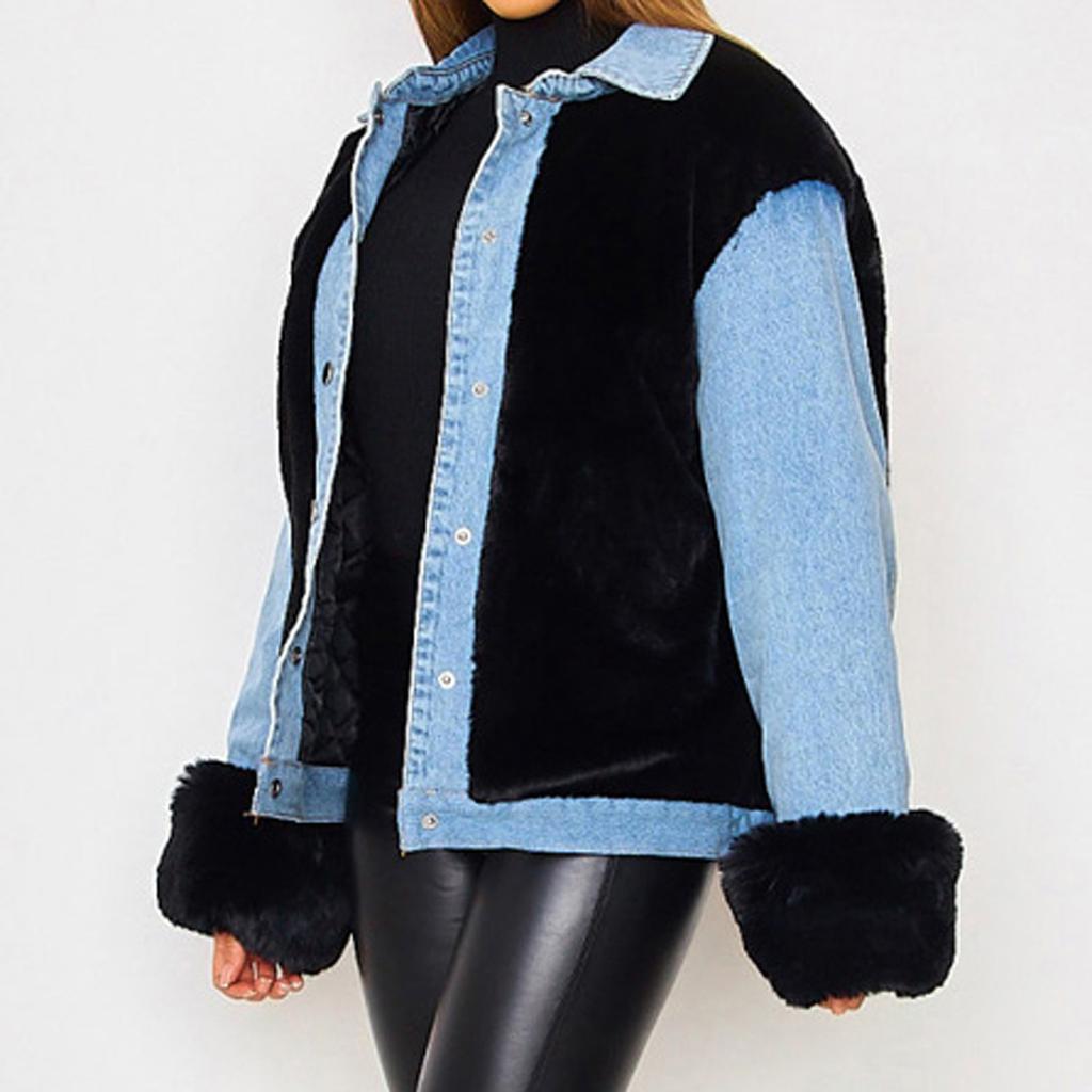 Moda Donna Casual Peluche Patchwork Cardigan Outerwear Giacca di Jeans Cappotto