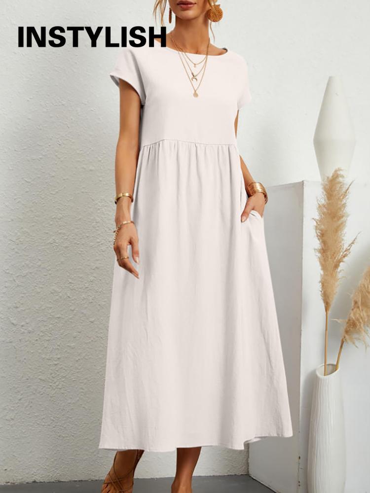 Vintage Solid Midi Dress Casual Short Sleeve Cotton and Linen Harajuku Oversized Long Dress Women Summer Y2K Maxi Sundress 2023