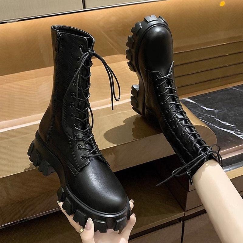 Height Increase Platform with Laces Leather Mid Calf Shoes Woman Spring Autumn New In Demi-season Hot Half High Boots for Women