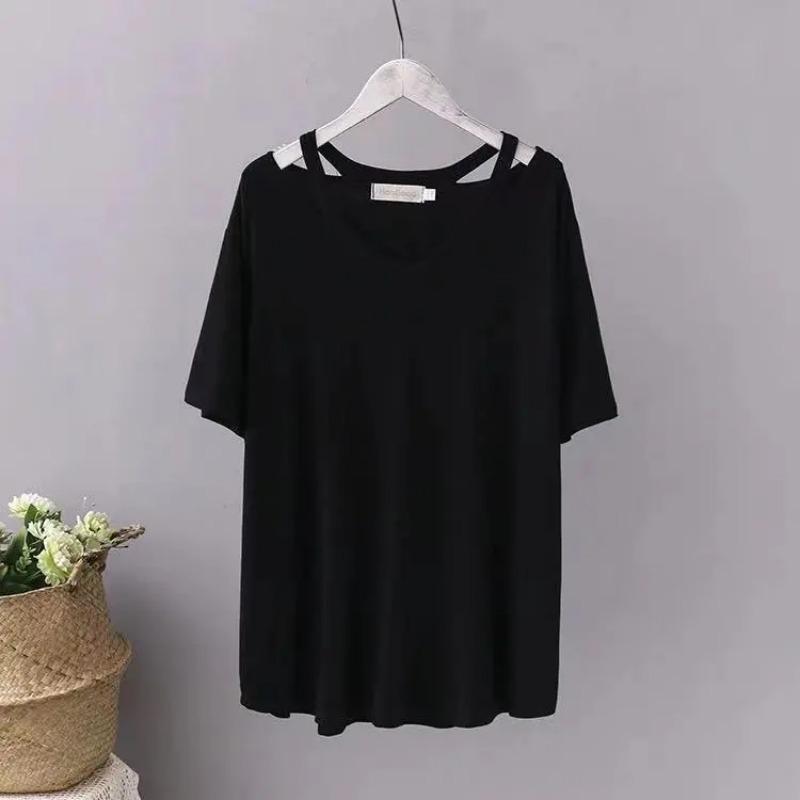 T-shirt Women Versatile Summer Casual Large Size Loose Off-shoulder Pullover Short-sleeved Tops