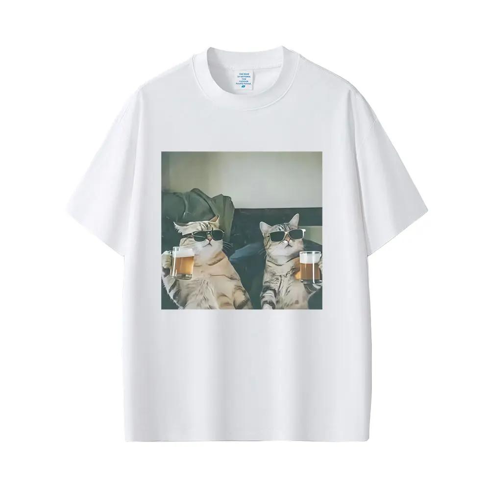 Cool Kočka Pijící Pivo Vtipné Emodži Tričko Pánské Ležérní Bavlněné Retro Tričko s Krátkým Rukávem Pánská Móda Tričko s Kulatým Výstřihem Topy
