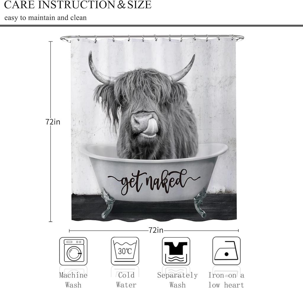 Zieh dich aus Hochlandkuh Duschvorhang 72x72 Lustige Bauernhaus Badezimmerdeko Grau Western Bulle Duschvorhang Set für Badezimmer Far