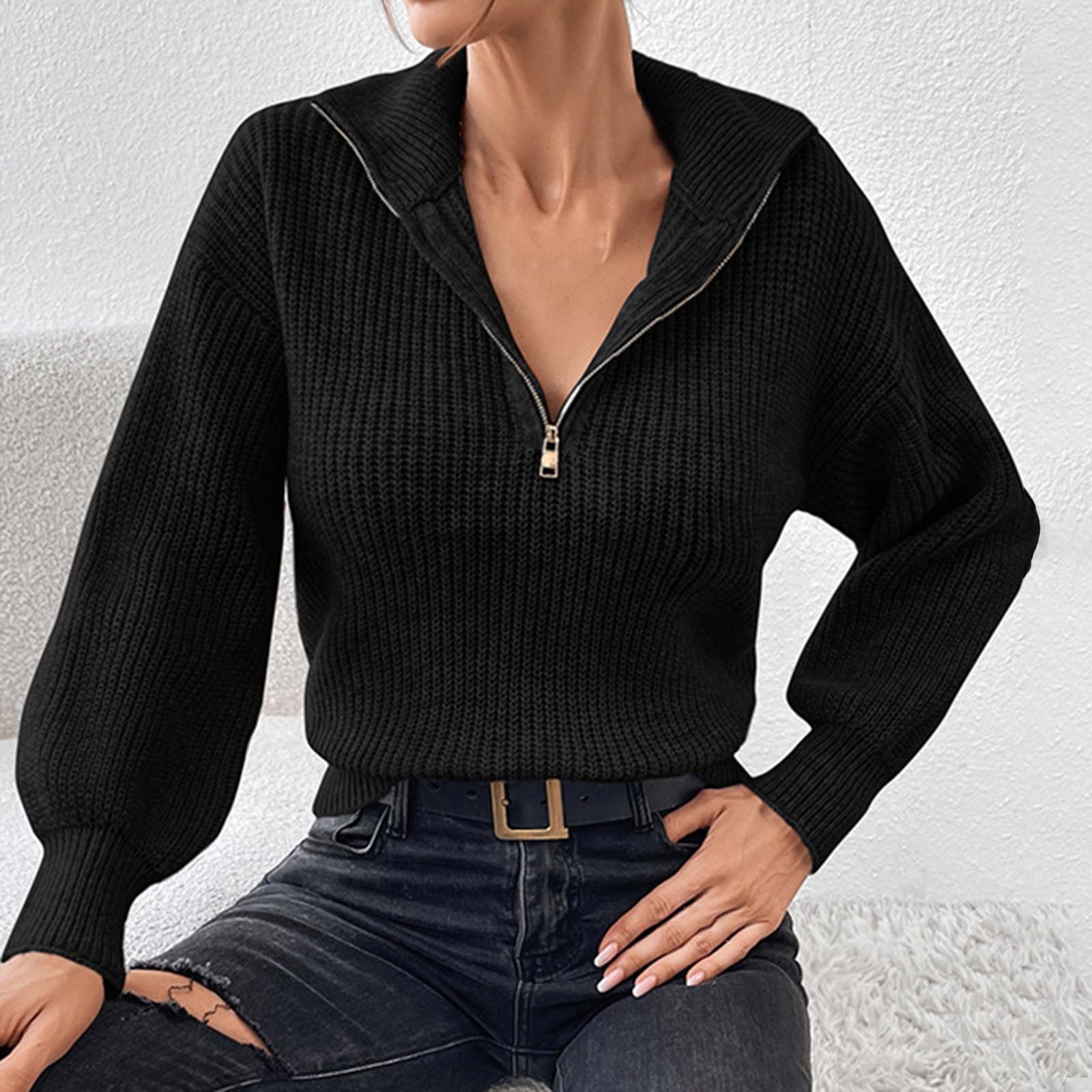 

Пуловер на молнии, модный однотонный свободный повседневный свитер с длинным рукавом и воротником-молнией для женщин S чёрный