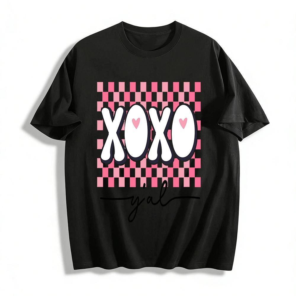Retro Pink Checkerboard XOXO Heart Print Casual Tee Shirt Pure cotton T-shirt XXS