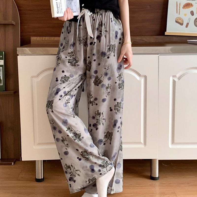 Summer Women's Cotton Rayon Loose Fit Soft Homewear Ankle-Length Wide Leg Floral Printed Lounge Pants