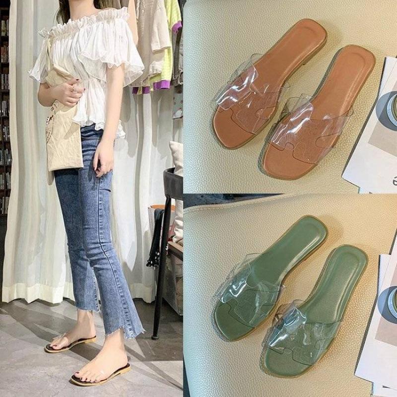 Summer new women's shoes one word fashion Korean version transparent jelly cool slippers flat bottom women's square head slippers women