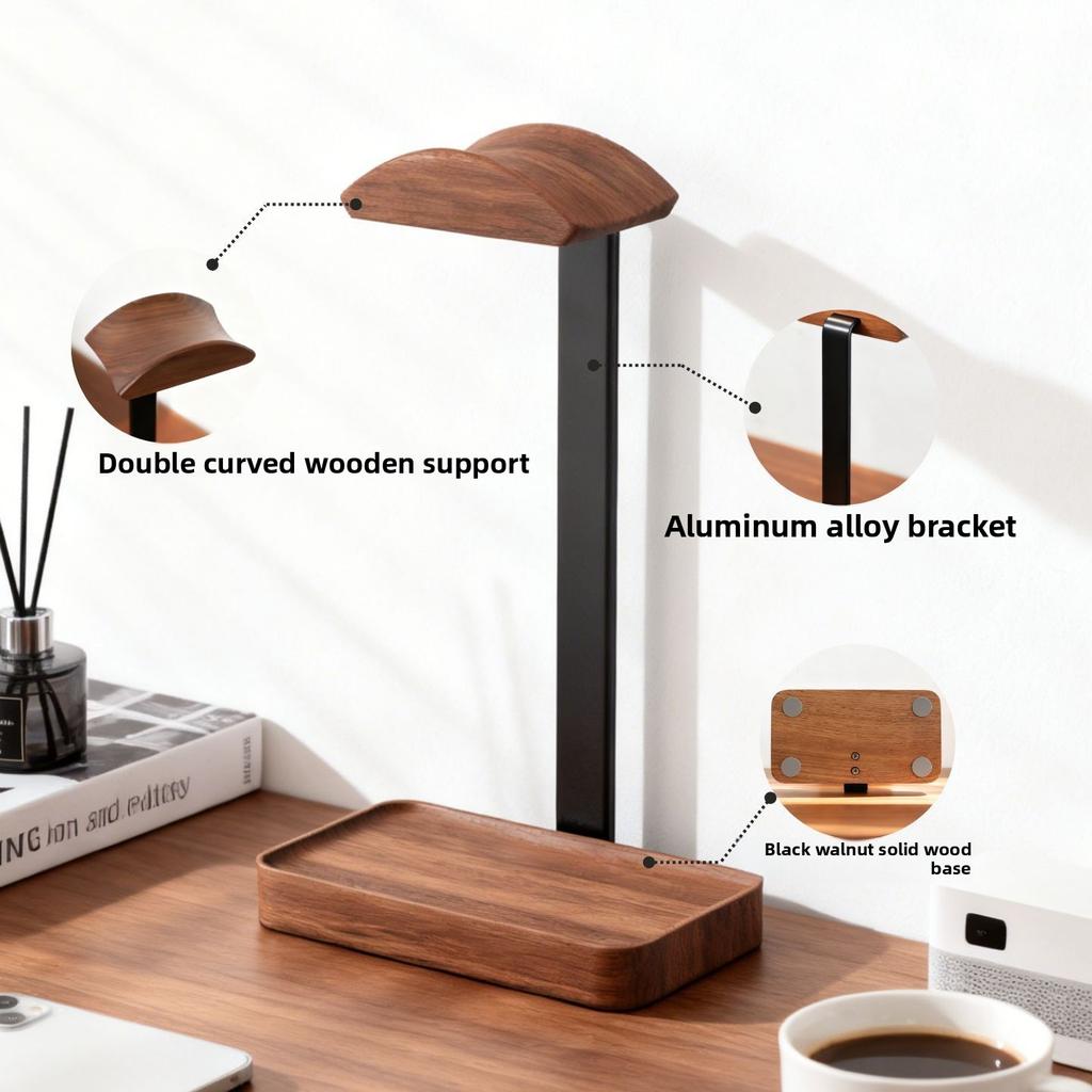 Solid Wood Headset Holder Headphone Stand Computer Gaming Hanger with Base Storage