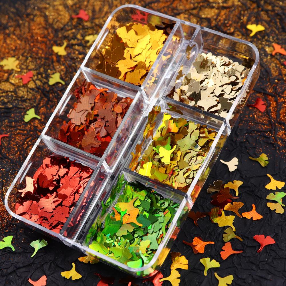 Colorful Ginkgo Leaf Nail Glitter Sequins Mixed Shiny Fallen Leaf Flakes DIY Autumn Nail Art Decoration Accessories Tool
