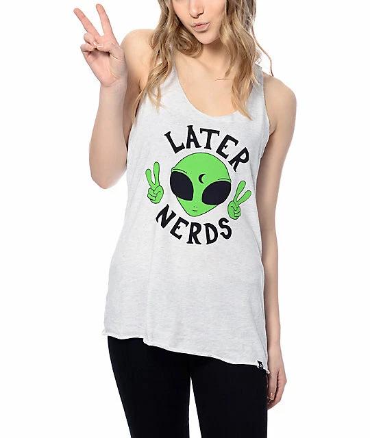 JV By Jac Vanek Womens Grey Alien Later Nerds Tank Top New Medium XL