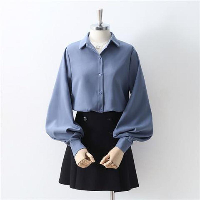 Korean Style Shirts Women Lantern Sleeve Loose Turn-down Collar Simple Solid Feminino Blouses Autumn All-match Fashion Plus Size