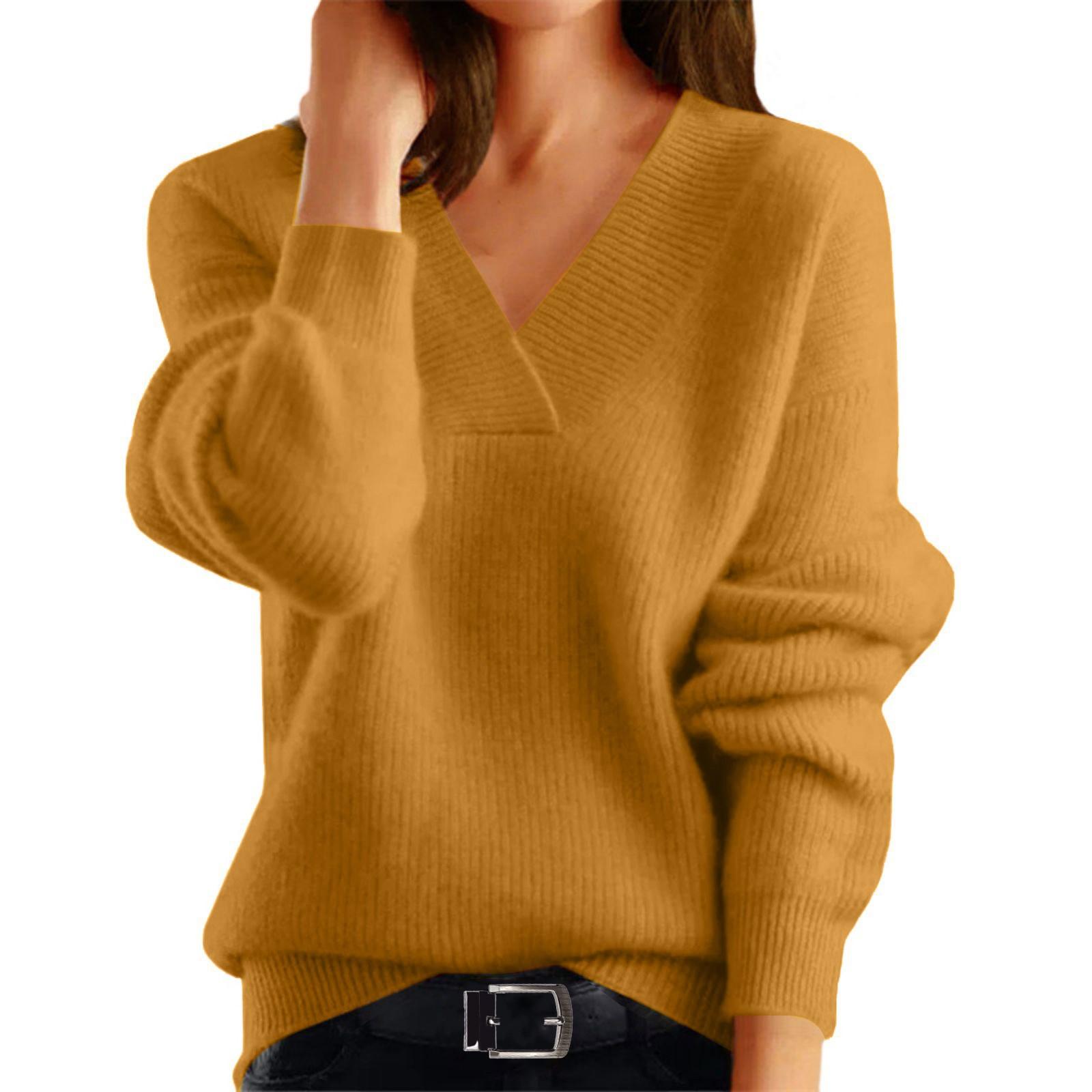 

Женская мода V-образный вырез однотонный трикотажный низ рубашка длинный рукав пуловер топ свитер XL жёлтый