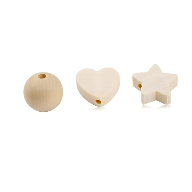 90Pcs Wood Craft Beads with Hole Heart Star Round Wooden Beads for Jewelry Making Home Decorations Handmade Craft