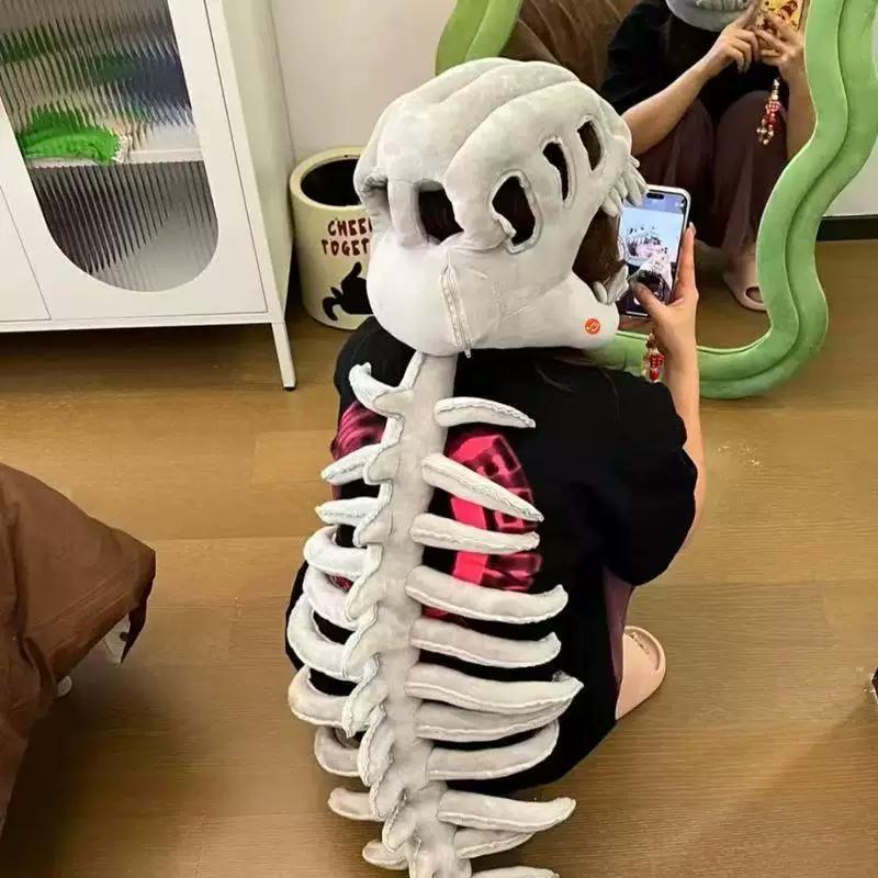  Plush Dinosaur Skeleton Mask – T-Rex Skull Headpiece with Spine & Tail, Novelty Wearable Toy for Halloween, Concerts
