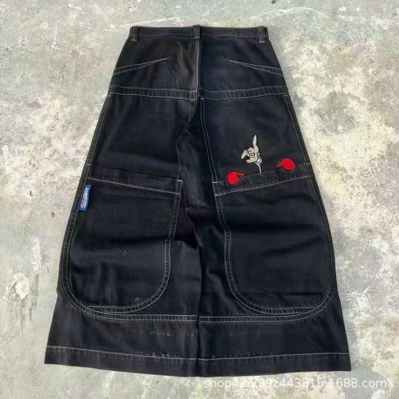 Herren Y2K Weite Jeans Retro Bestickt Hip Hop Streetwear Gerade Passform Jeans
