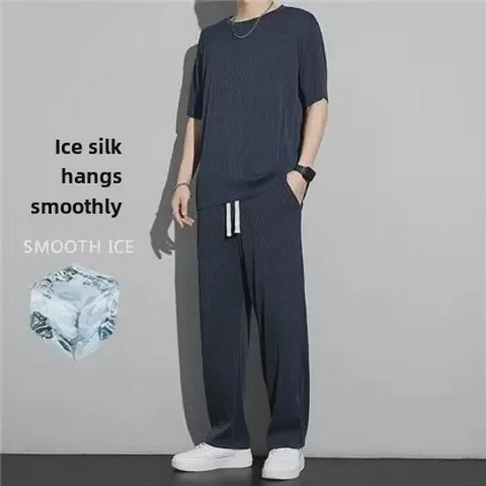 Men's Ice Silk Casual Two-Piece Summer Set: Short-Sleeve T-Shirt & Trousers Sportswear