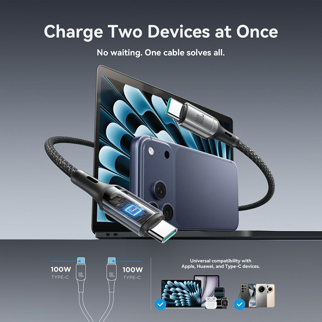 JOYROOM S-A57 1.5m Type-C to Dual Type-C 100W Fast Charging Data Cable for Laptops/Tablets/Smartphones