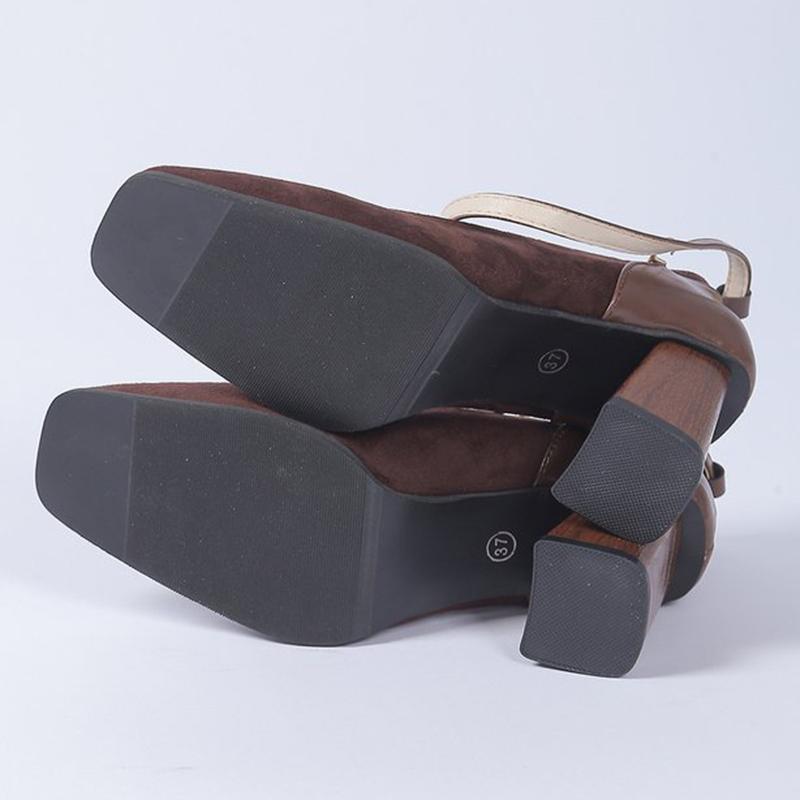 Mote Klassisk Brun Fuskemocka Hælpumps Damer Sommer Høst Justerbar Ankelspenne Høyhælte Sko Dame Firkantet Tå Pumps Damer