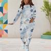 Women Plus Size Black Burgundy Printed Two Piece Set Round Neck Long Sleeve Top And Fitted Pants