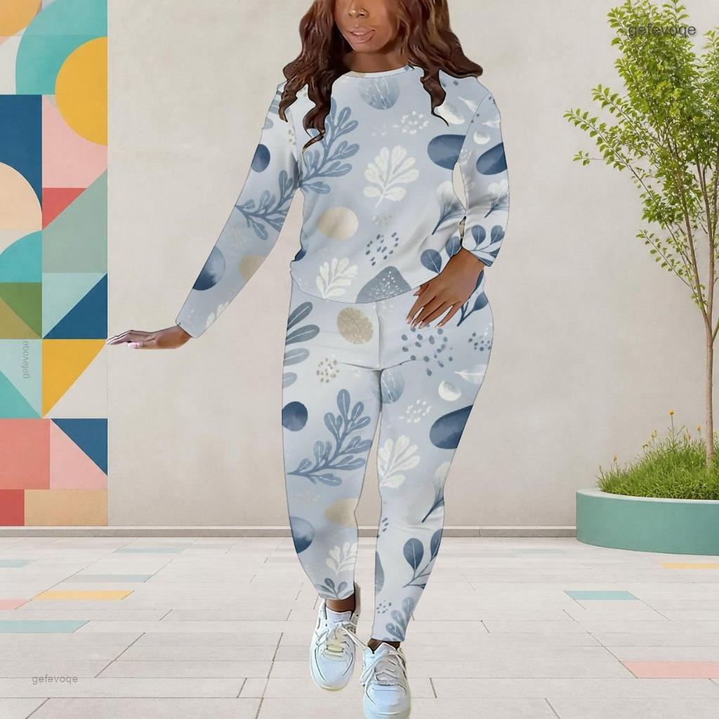 Women Plus Size Black Burgundy Printed Two Piece Set Round Neck Long Sleeve Top And Fitted Pants