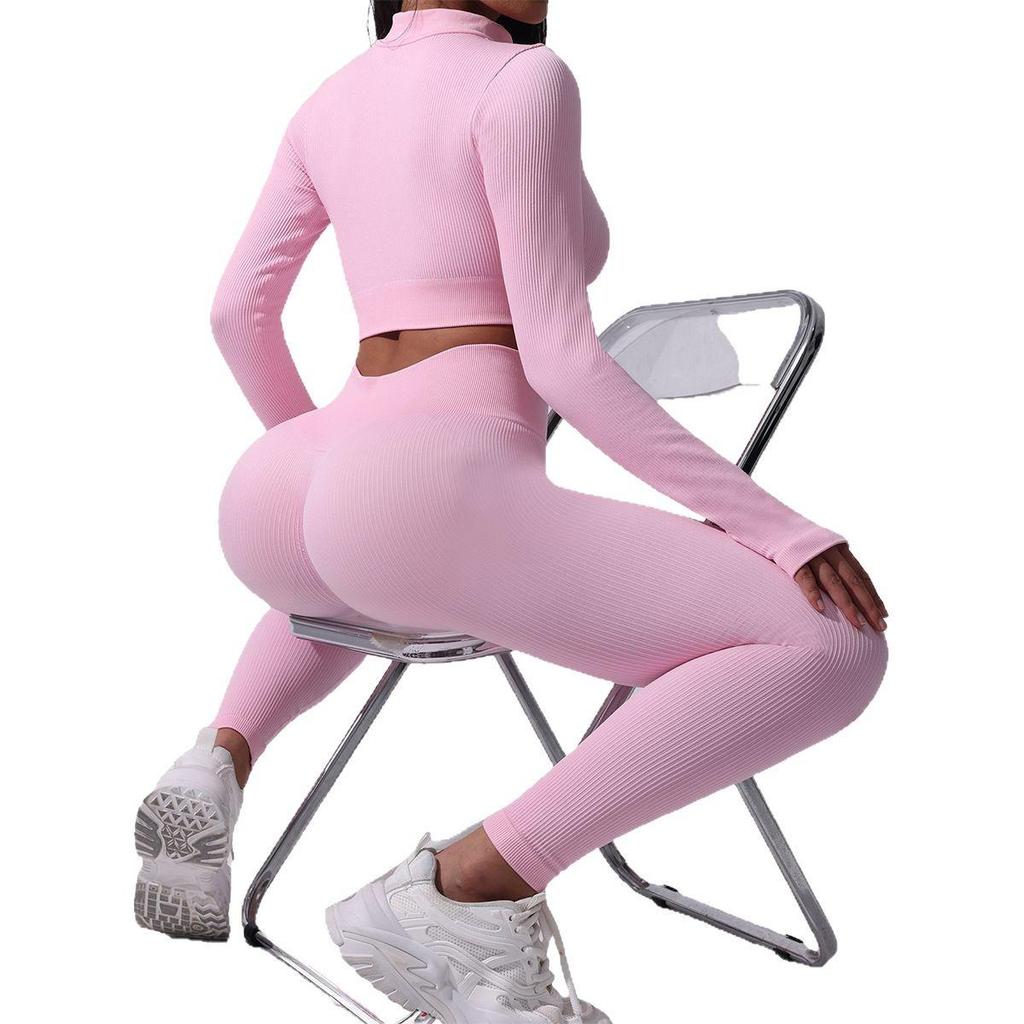 Women's Ribbed Yoga Suit: Thumb Hole Half-Zip Pullover & Running Tights Set