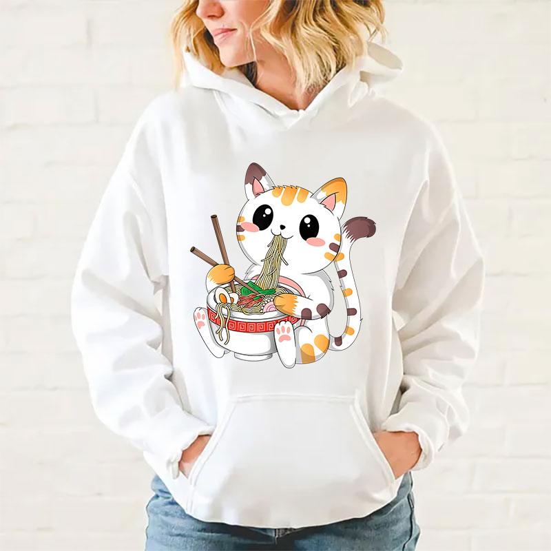 Neue Kawaii Katze isst Ramen Hoodies Damen Herren Teenager Lässiger Persönlichkeits-Pullover Mode Langarm Sweatshirt