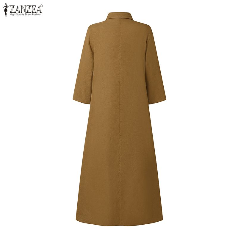 ZANZEA  Women Casual Lapel 3/4 Sleeve Button Down Midi Shirts Dress