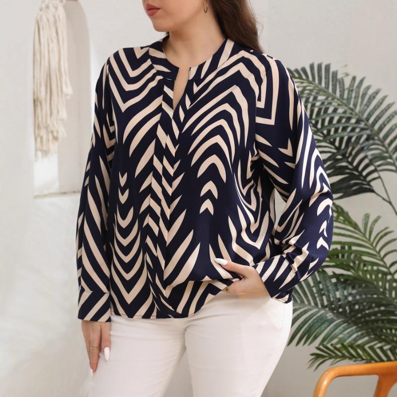 Vintage Printed Loose Long Sleeve Plus Size Commute Blouse For Women