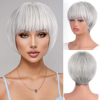 Synthetic Short Wigs With Bangs Lady Mixed Silver Grey Wigs With Bangs for Women Layered Hair Heat Resistant Fibre