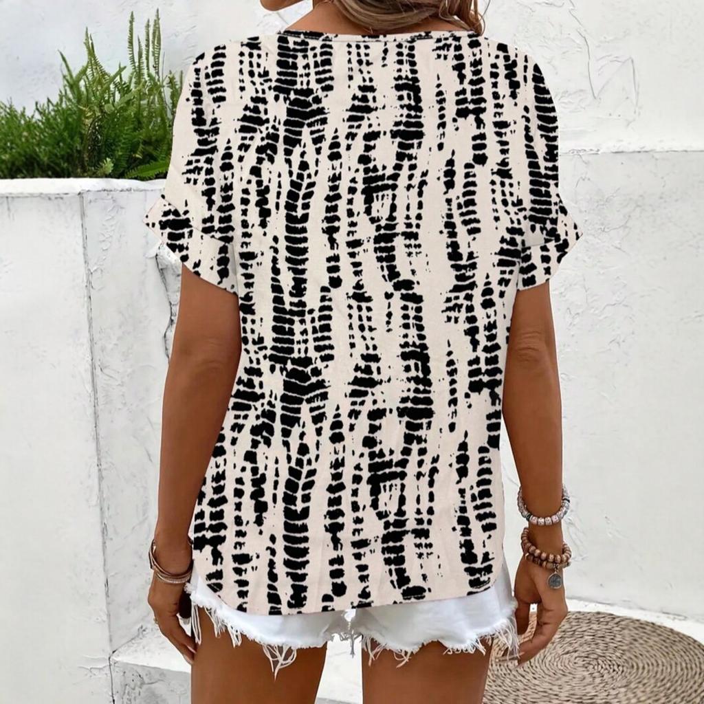 European and American Style New Loose Printing Short-sleeved Shirt Women's V-neck Casual Top Fashionable and Versatile