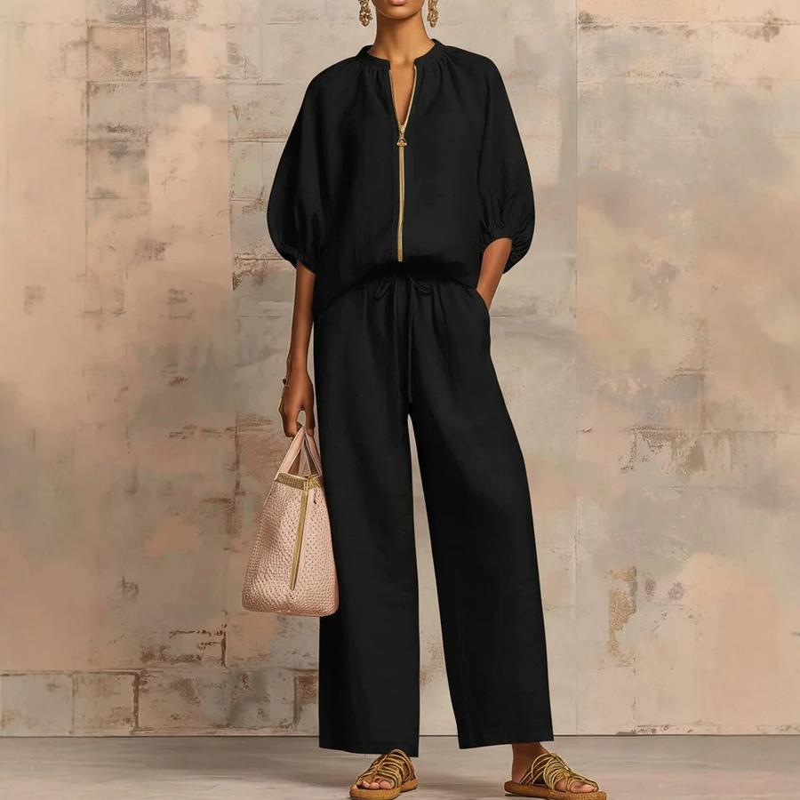 Summer New Women's Imported Casual Loose Solid Color Zippered Crew Neck Wide Leg Pants Set for Women