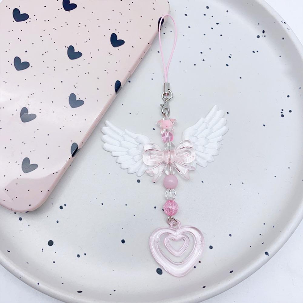 Cute Trendy Pink Bow Tie White Angel Wings Double Hearts String Beads Keychain Camera Pendant for Women Backpack Jewelry Gift