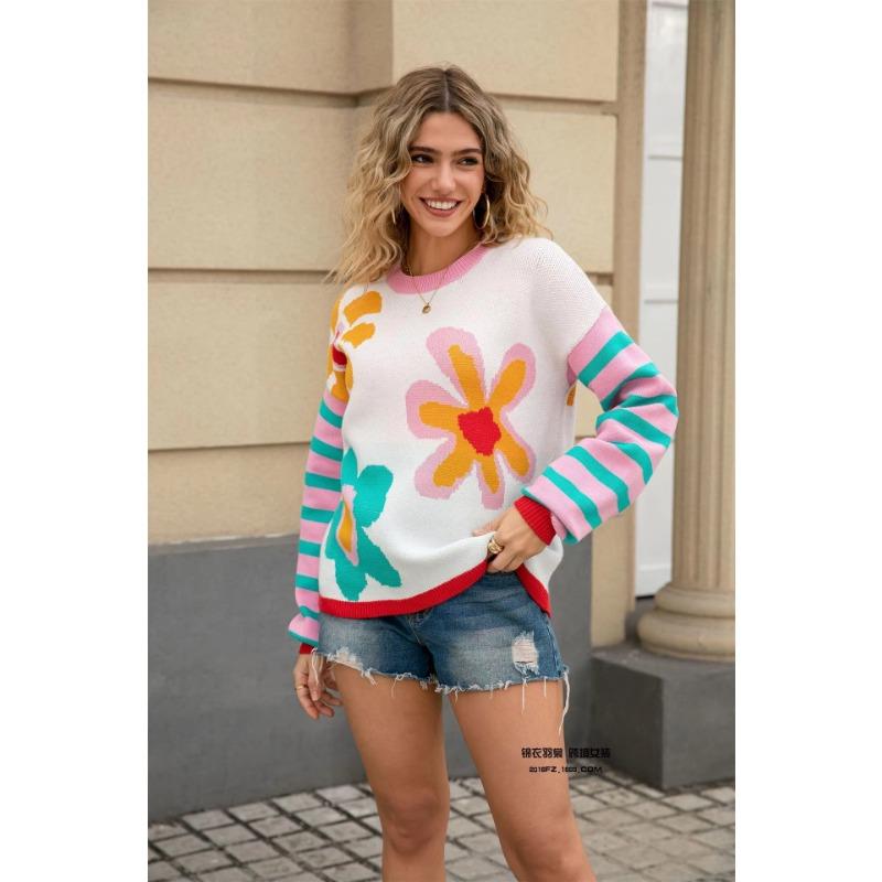 Autumn and Winter Women's Spliced Striped Long-sleeved Flower Sweater Warm Round Neck Fashionable Knitted Sweater